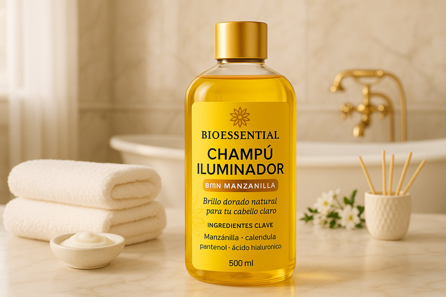 Champú BIOESSENTIAL con texto corregido en baño elegante