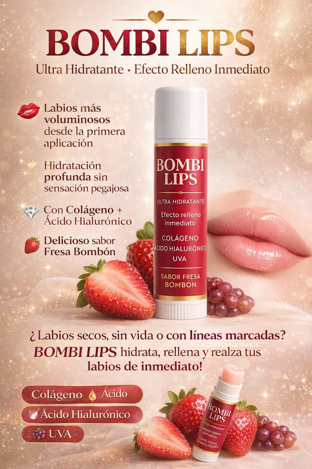 Brillo labial fresa bombónbum aplicación labios - Herboléia Colombia