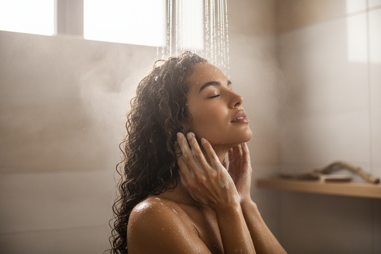 Mujer con cabello crespo en la ducha